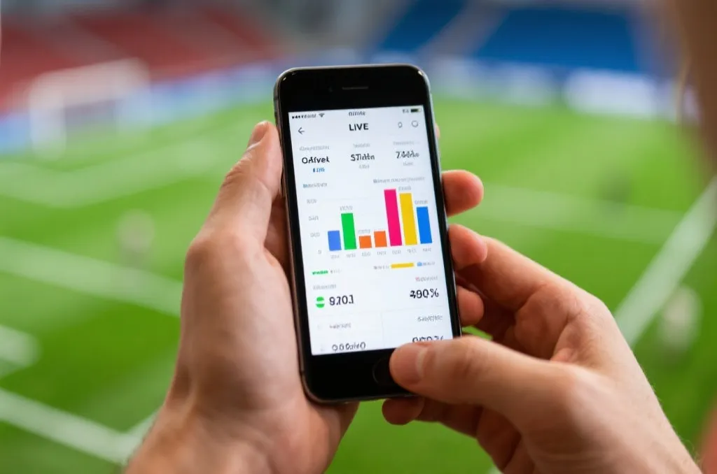 A close up of a hand holding a mobile phone running a professional sports streaming application with live stats and chat overlay